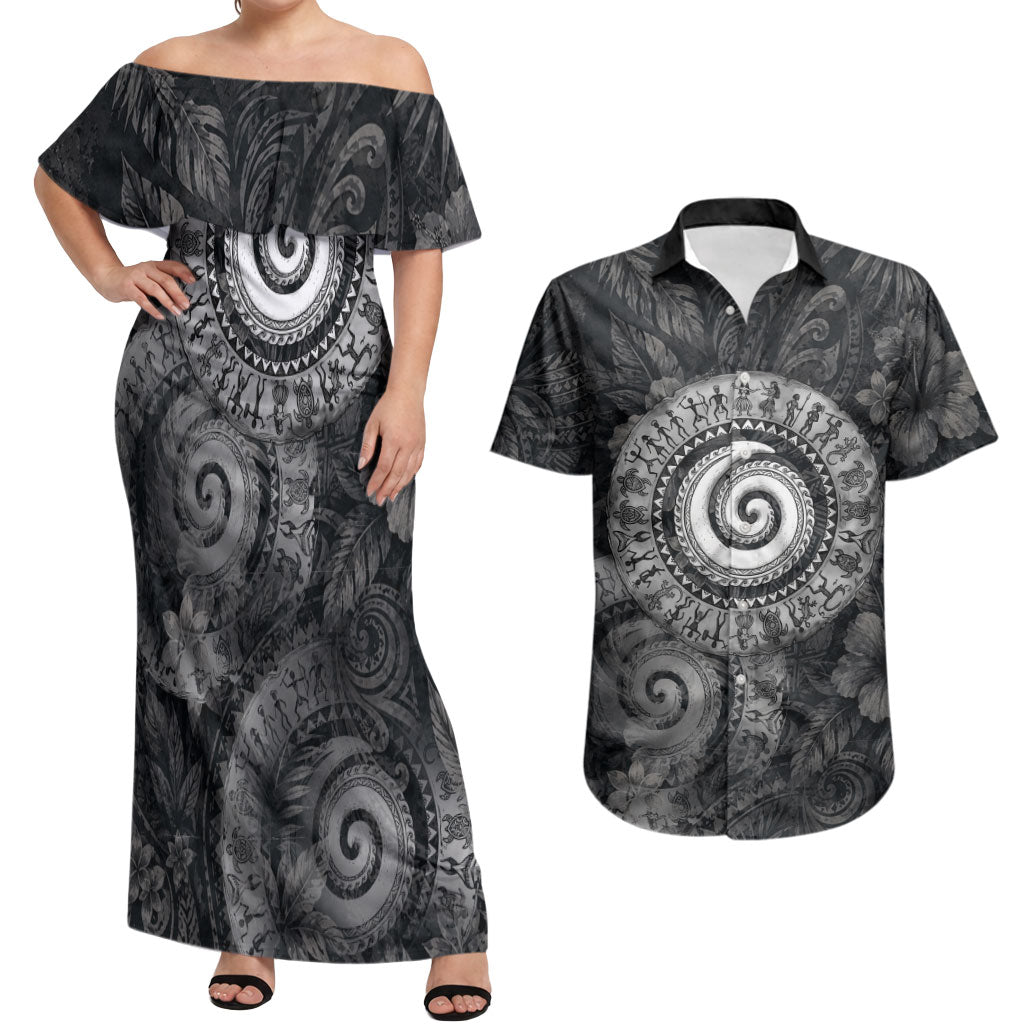 Hawaiian Piko Couples Matching Off Shoulder Maxi Dress and Hawaiian Shirt Cultural Anchor Connect Your Roots Ocean Waves TS04 Black Grey - Polynesian Pride