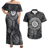 Hawaiian Piko Couples Matching Off Shoulder Maxi Dress and Hawaiian Shirt Cultural Anchor Connect Your Roots Ocean Waves TS04 Black Grey - Polynesian Pride
