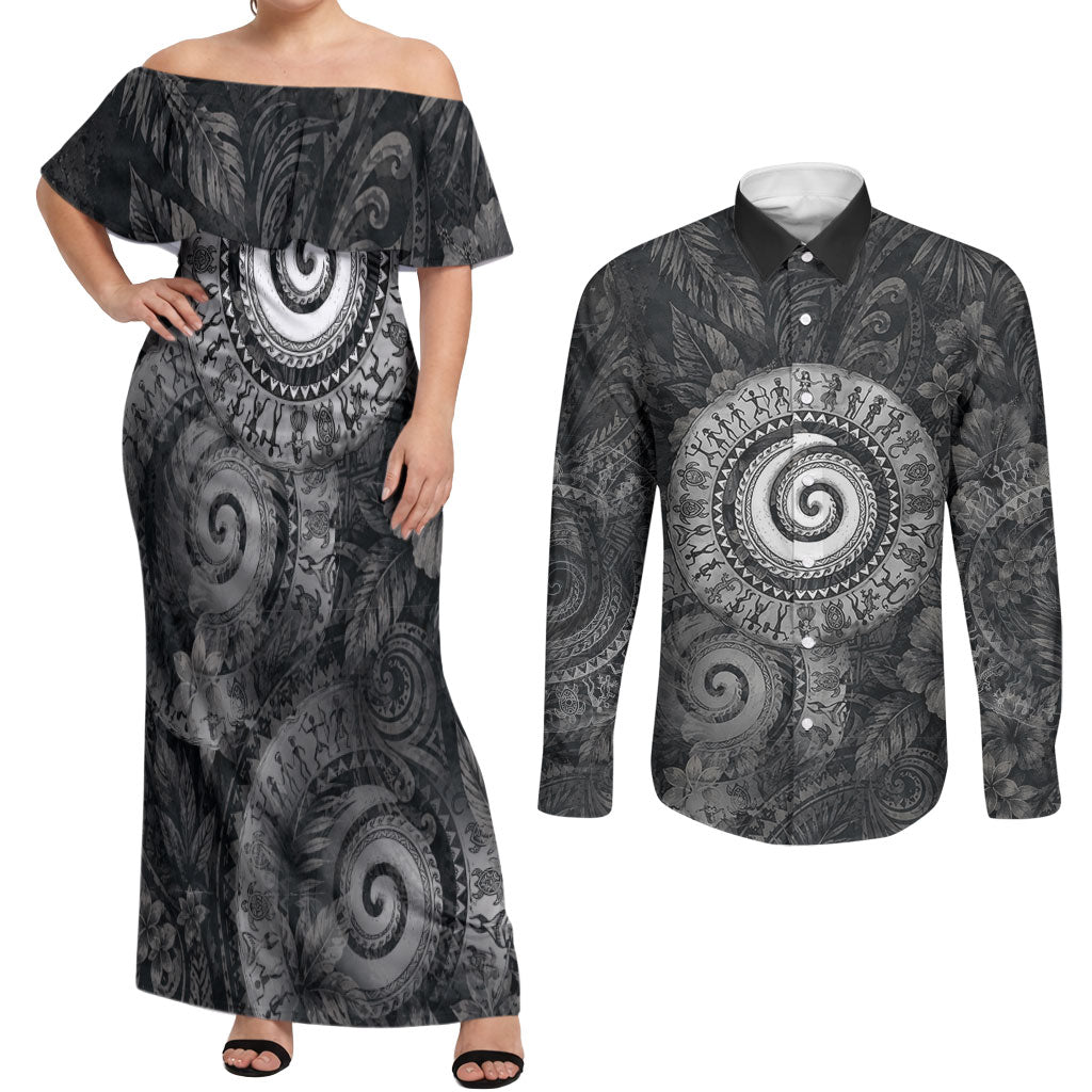Hawaiian Piko Couples Matching Off Shoulder Maxi Dress and Long Sleeve Button Shirt Cultural Anchor Connect Your Roots Ocean Waves TS04 Black Grey - Polynesian Pride