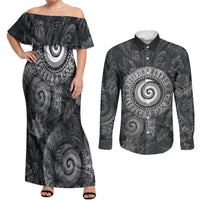 Hawaiian Piko Couples Matching Off Shoulder Maxi Dress and Long Sleeve Button Shirt Cultural Anchor Connect Your Roots Ocean Waves TS04 Black Grey - Polynesian Pride