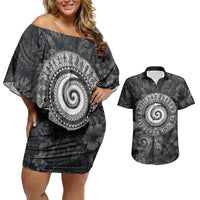 Hawaiian Piko Couples Matching Off Shoulder Short Dress and Hawaiian Shirt Cultural Anchor Connect Your Roots Ocean Waves TS04 Black Grey - Polynesian Pride