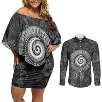 Hawaiian Piko Couples Matching Off Shoulder Short Dress and Long Sleeve Button Shirt Cultural Anchor Connect Your Roots Ocean Waves TS04 Black Grey - Polynesian Pride