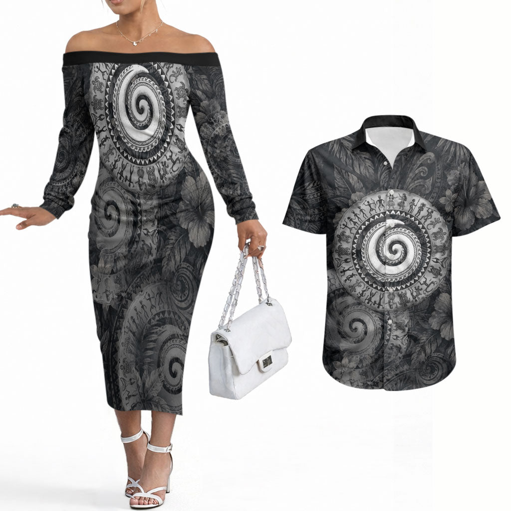Hawaiian Piko Couples Matching Off The Shoulder Long Sleeve Dress and Hawaiian Shirt Cultural Anchor Connect Your Roots Ocean Waves TS04 Black Grey - Polynesian Pride