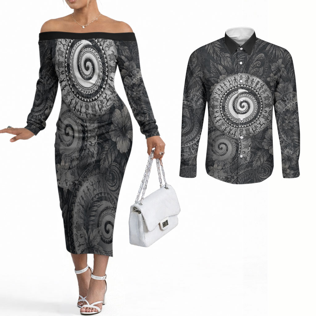 Hawaiian Piko Couples Matching Off The Shoulder Long Sleeve Dress and Long Sleeve Button Shirt Cultural Anchor Connect Your Roots Ocean Waves TS04 Black Grey - Polynesian Pride