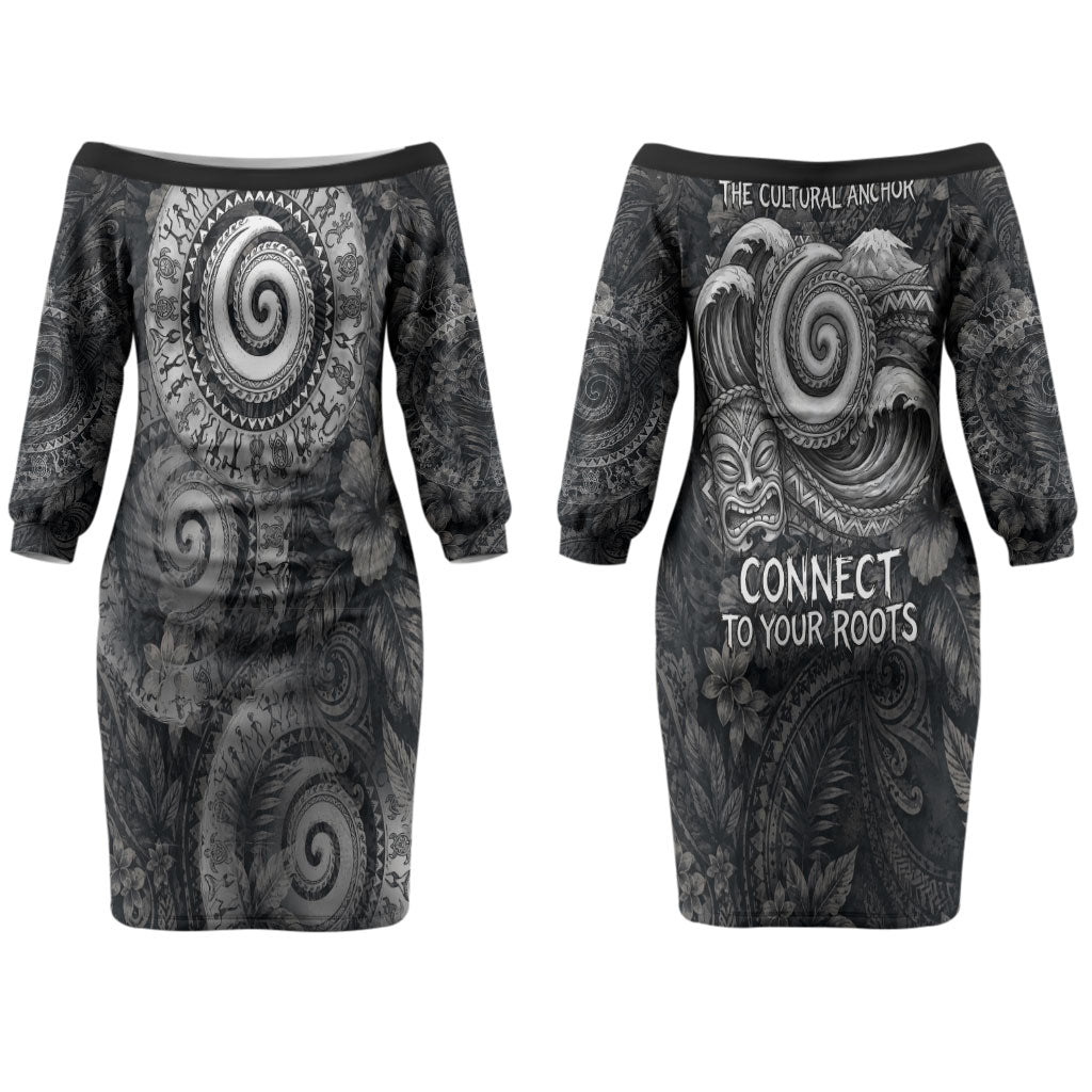 Hawaiian Piko Couples Matching Off The Shoulder Long Sleeve Dress and Long Sleeve Button Shirt Cultural Anchor Connect Your Roots Ocean Waves TS04 - Polynesian Pride
