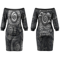 Hawaiian Piko Couples Matching Off The Shoulder Long Sleeve Dress and Long Sleeve Button Shirt Cultural Anchor Connect Your Roots Ocean Waves TS04 - Polynesian Pride