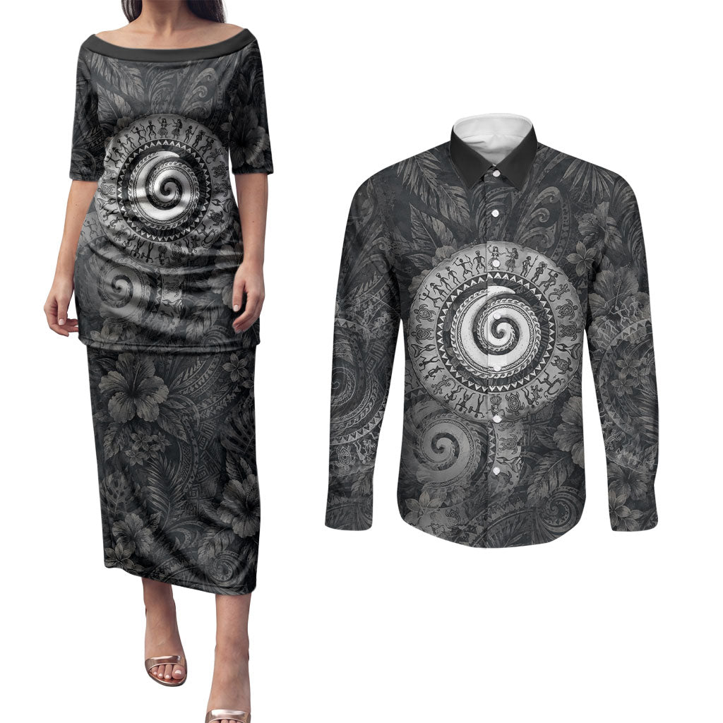 Hawaiian Piko Couples Matching Puletasi and Long Sleeve Button Shirt Cultural Anchor Connect Your Roots Ocean Waves TS04 Black Grey - Polynesian Pride