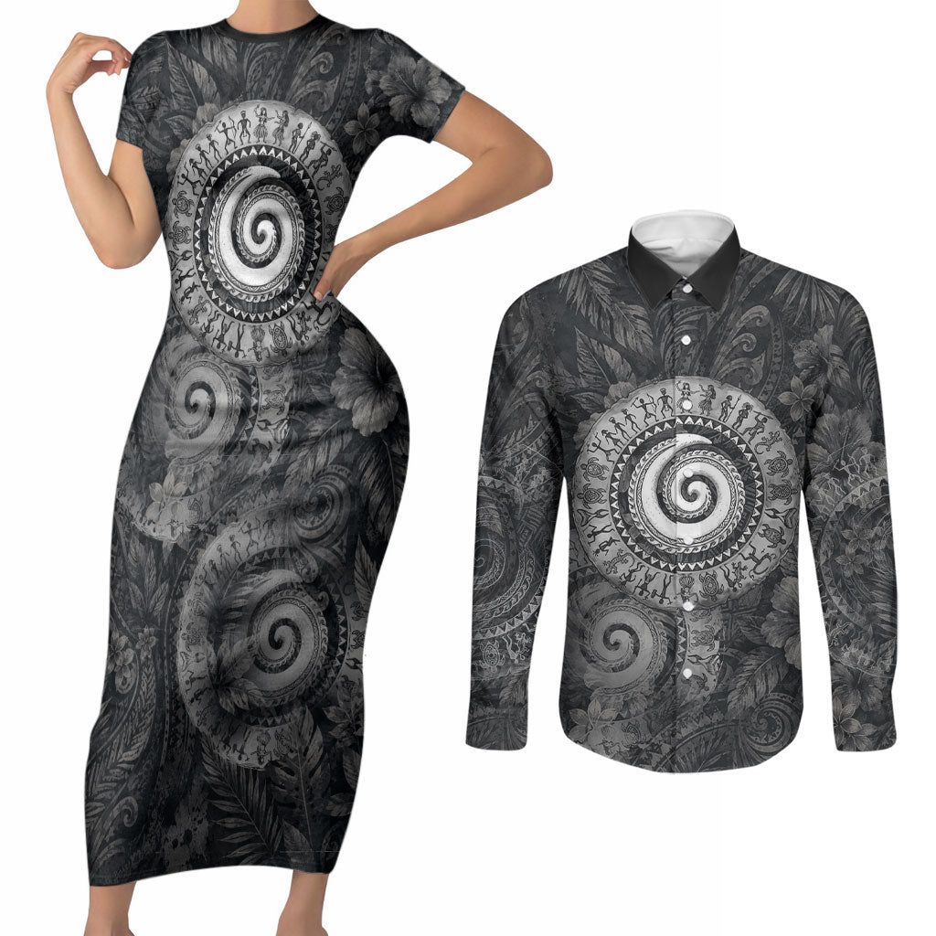 Hawaiian Piko Couples Matching Short Sleeve Bodycon Dress and Long Sleeve Button Shirt Cultural Anchor Connect Your Roots Ocean Waves TS04 Black Grey - Polynesian Pride