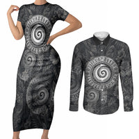 Hawaiian Piko Couples Matching Short Sleeve Bodycon Dress and Long Sleeve Button Shirt Cultural Anchor Connect Your Roots Ocean Waves TS04 Black Grey - Polynesian Pride