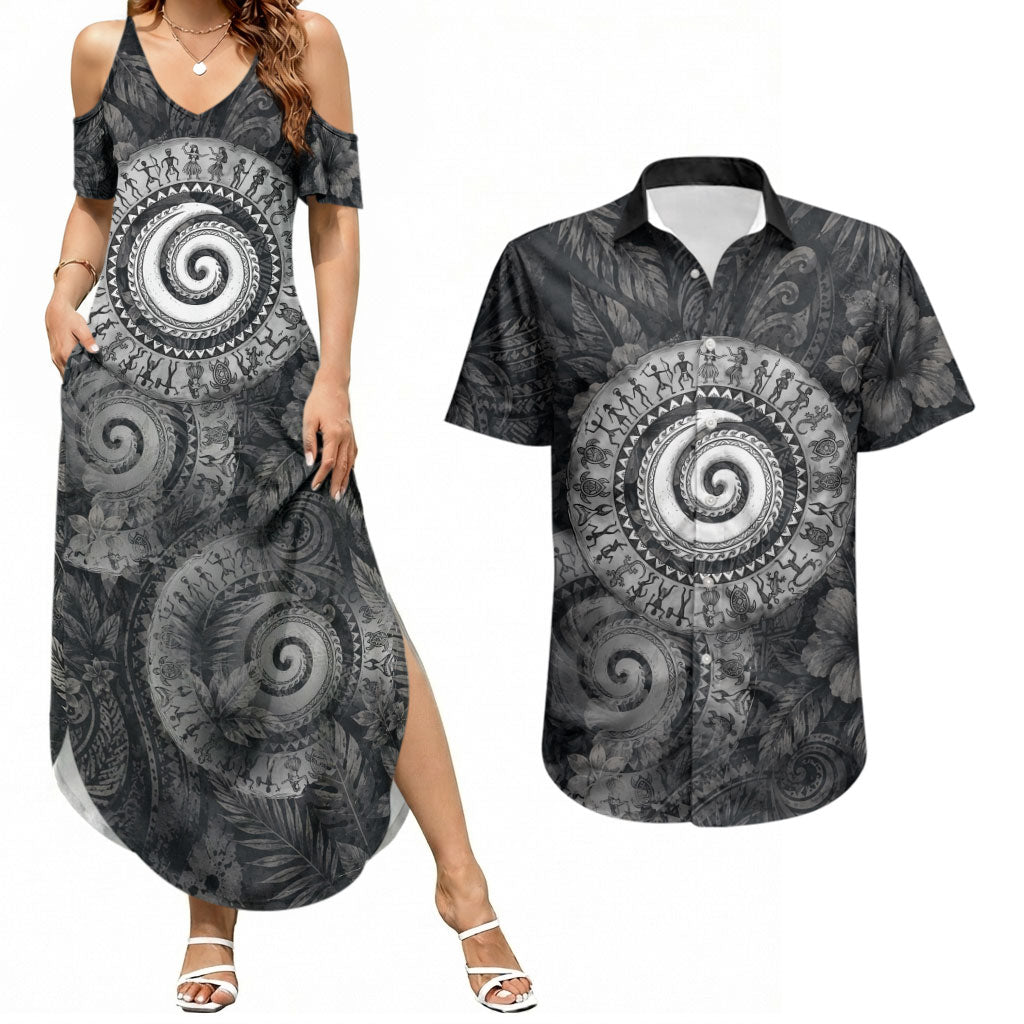 Hawaiian Piko Couples Matching Summer Maxi Dress and Hawaiian Shirt Cultural Anchor Connect Your Roots Ocean Waves TS04 Black Grey - Polynesian Pride