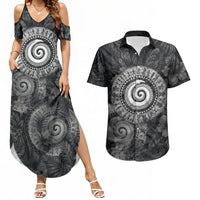 Hawaiian Piko Couples Matching Summer Maxi Dress and Hawaiian Shirt Cultural Anchor Connect Your Roots Ocean Waves TS04 Black Grey - Polynesian Pride
