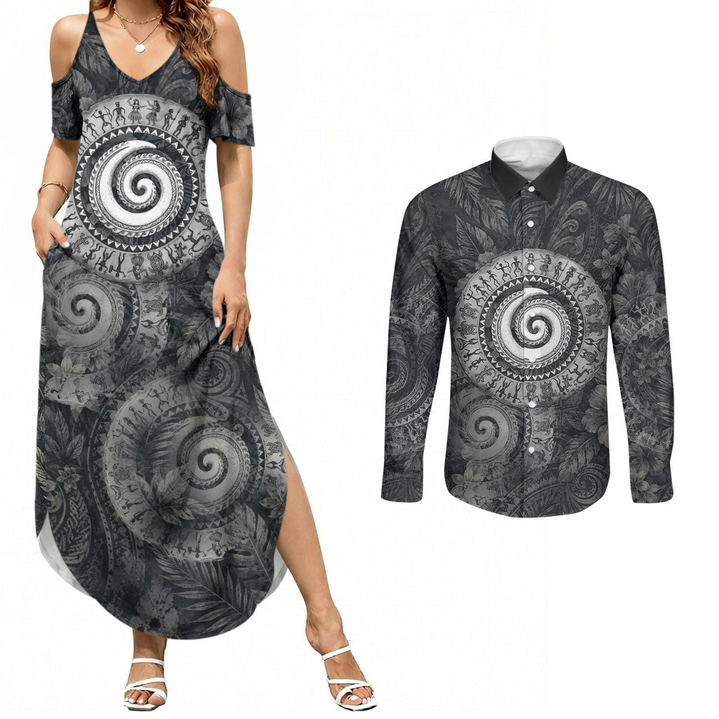 Hawaiian Piko Couples Matching Summer Maxi Dress and Long Sleeve Button Shirt Cultural Anchor Connect Your Roots Ocean Waves TS04 Black Grey - Polynesian Pride