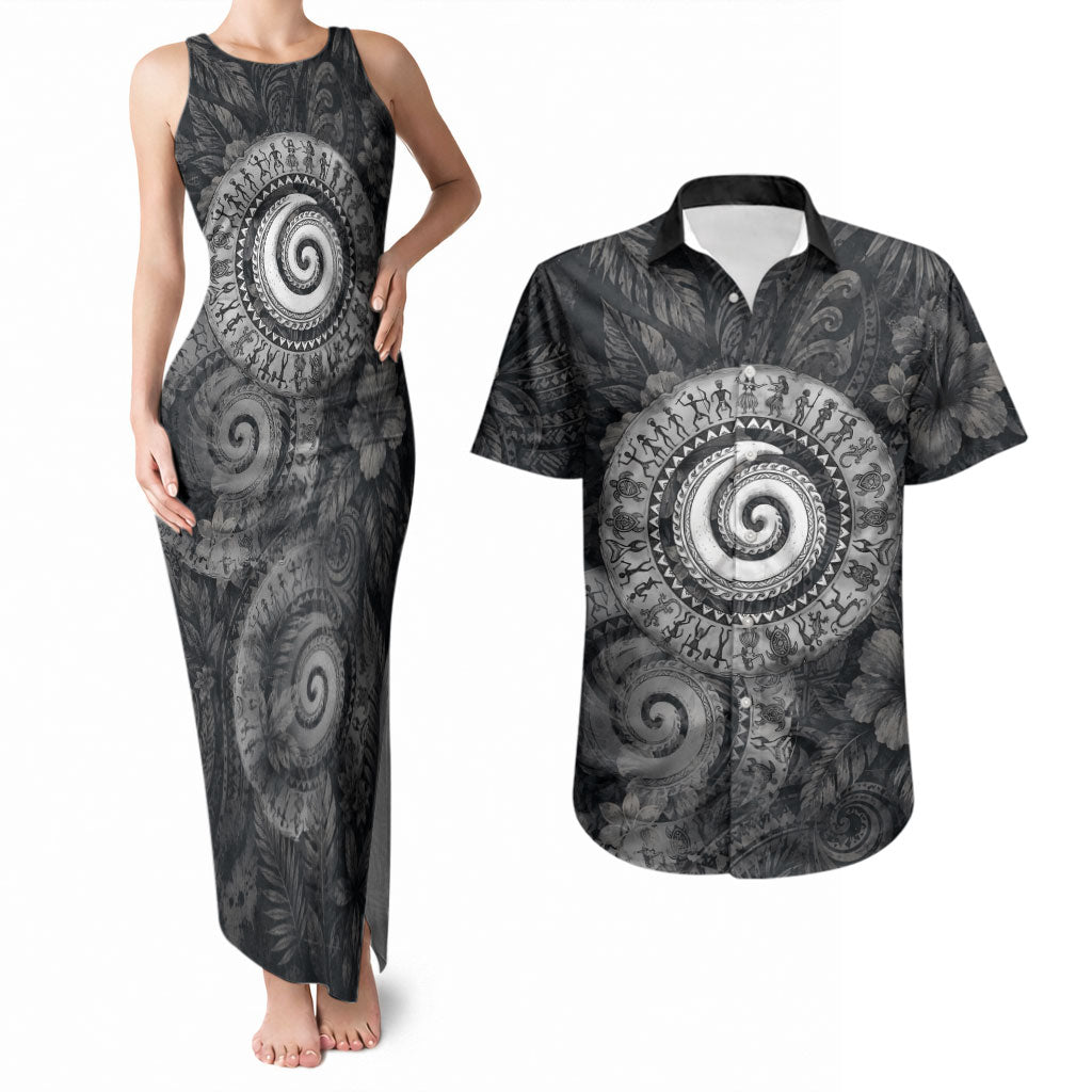 Hawaiian Piko Couples Matching Tank Maxi Dress and Hawaiian Shirt Cultural Anchor Connect Your Roots Ocean Waves TS04 Black Grey - Polynesian Pride