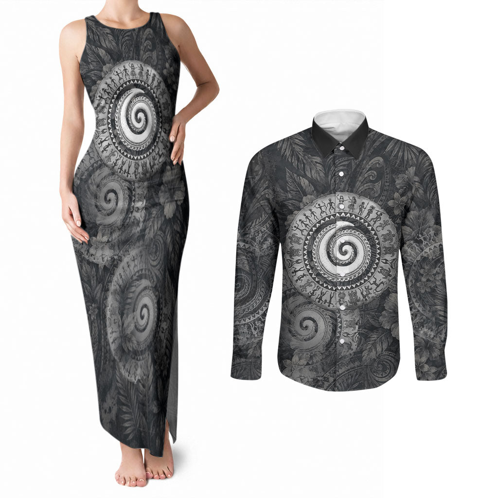 Hawaiian Piko Couples Matching Tank Maxi Dress and Long Sleeve Button Shirt Cultural Anchor Connect Your Roots Ocean Waves TS04 Black Grey - Polynesian Pride