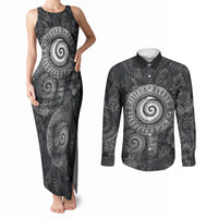 Hawaiian Piko Couples Matching Tank Maxi Dress and Long Sleeve Button Shirt Cultural Anchor Connect Your Roots Ocean Waves TS04 Black Grey - Polynesian Pride