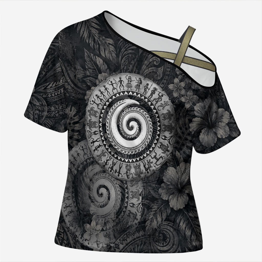 Hawaiian Piko Cross Shoulder Shirt Cultural Anchor Connect Your Roots Ocean Waves TS04 Female Black Grey - Polynesian Pride