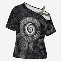 Hawaiian Piko Cross Shoulder Shirt Cultural Anchor Connect Your Roots Ocean Waves TS04 Female Black Grey - Polynesian Pride