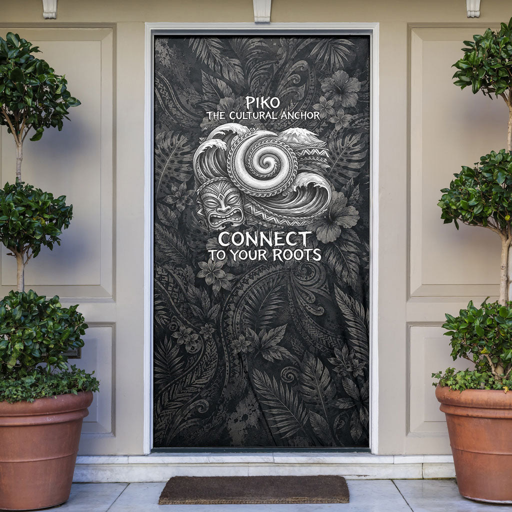 Hawaiian Piko Door Cover Cultural Anchor Connect Your Roots Ocean Waves TS04 Black Grey - Polynesian Pride