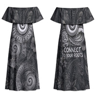Hawaiian Piko Family Matching Off Shoulder Maxi Dress and Hawaiian Shirt Cultural Anchor Connect Your Roots Ocean Waves TS04 Mom's Dress Black Grey - Polynesian Pride