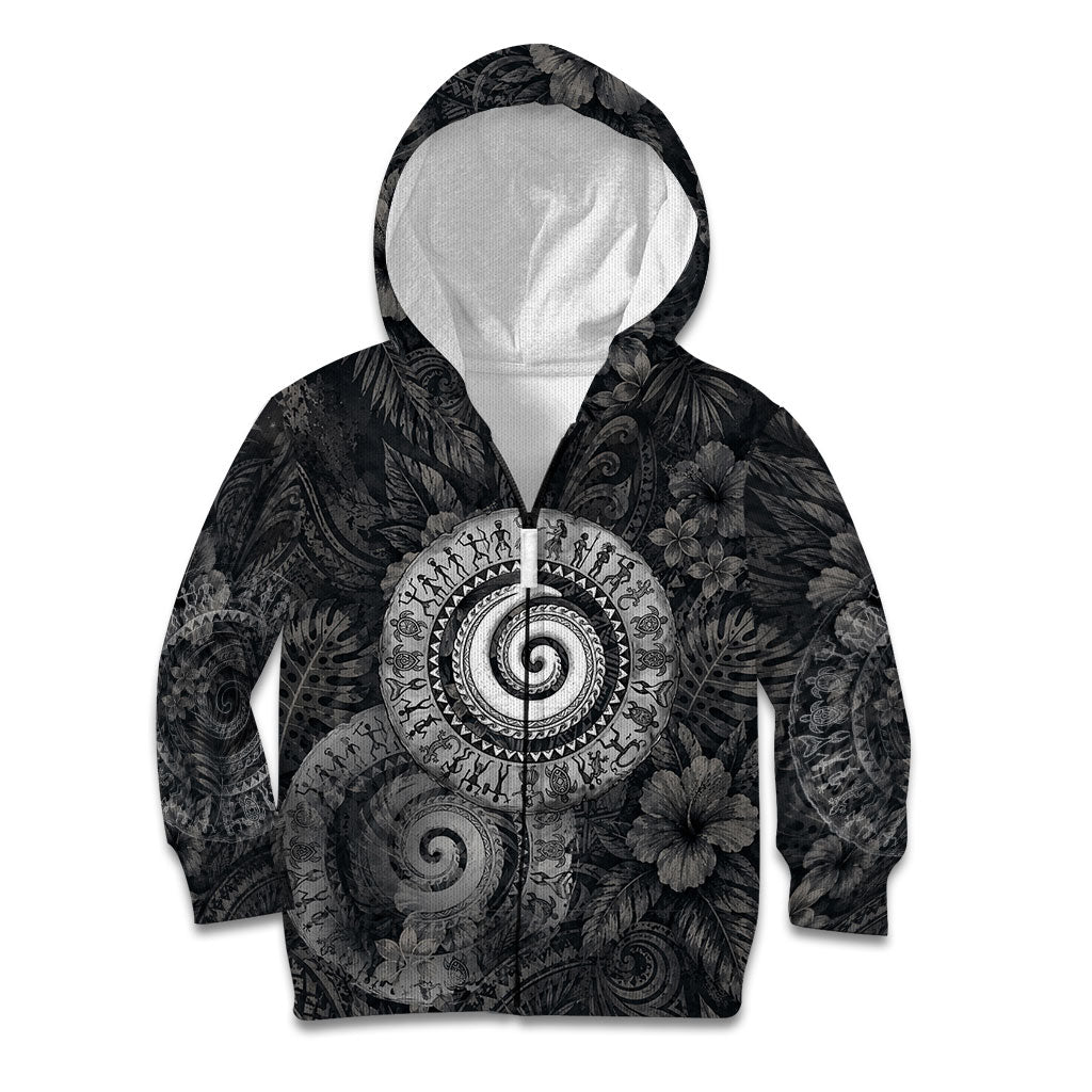 Hawaiian Piko Kid Hoodie Cultural Anchor Connect Your Roots Ocean Waves TS04 Zip Hoodie Black Grey - Polynesian Pride