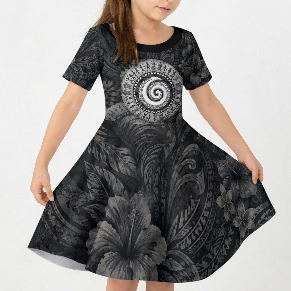 Hawaiian Piko Kid Short Sleeve Dress Cultural Anchor Connect Your Roots Ocean Waves TS04 KID Black Grey - Polynesian Pride