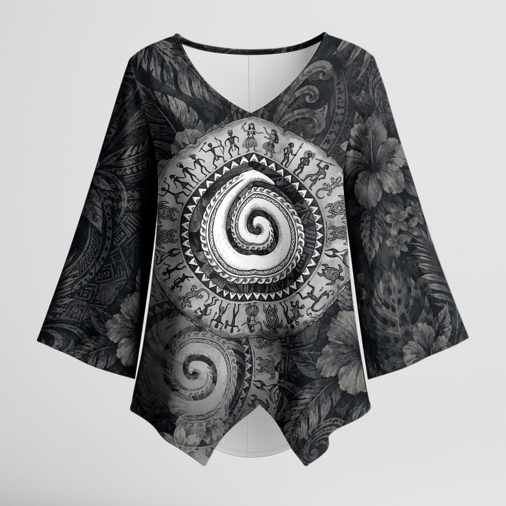 Hawaiian Piko Kimono Sleeve Blouse Cultural Anchor Connect Your Roots Ocean Waves TS04 Female Black Grey - Polynesian Pride
