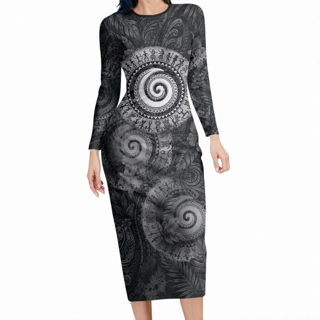 Hawaiian Piko Long Sleeve Bodycon Dress Cultural Anchor Connect Your Roots Ocean Waves TS04 Long Dress Black Grey - Polynesian Pride