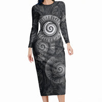 Hawaiian Piko Long Sleeve Bodycon Dress Cultural Anchor Connect Your Roots Ocean Waves TS04 Long Dress Black Grey - Polynesian Pride