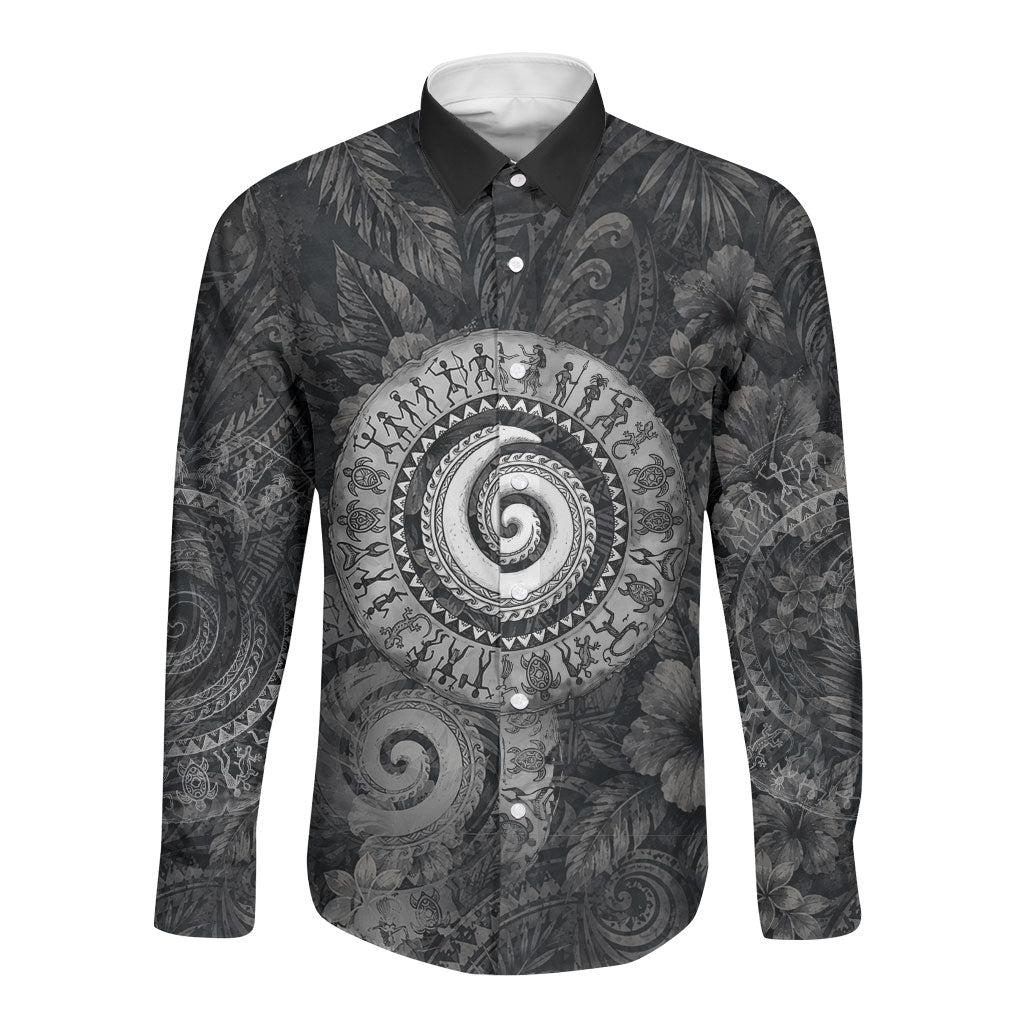 Hawaiian Piko Long Sleeve Button Shirt Cultural Anchor Connect Your Roots Ocean Waves TS04 Unisex Black Grey - Polynesian Pride