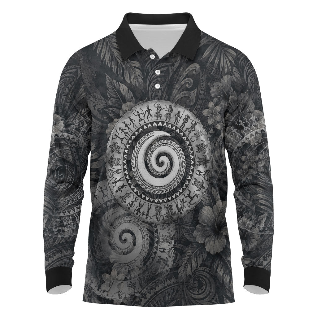 Hawaiian Piko Long Sleeve Polo Shirt Cultural Anchor Connect Your Roots Ocean Waves TS04 Black Grey - Polynesian Pride