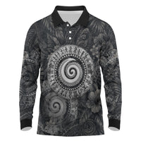 Hawaiian Piko Long Sleeve Polo Shirt Cultural Anchor Connect Your Roots Ocean Waves TS04 Black Grey - Polynesian Pride