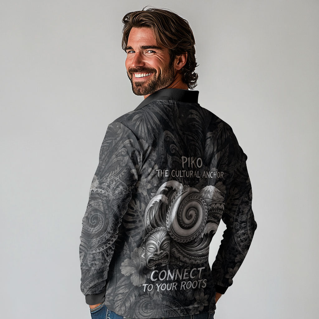 Hawaiian Piko Long Sleeve Polo Shirt Cultural Anchor Connect Your Roots Ocean Waves TS04 - Polynesian Pride