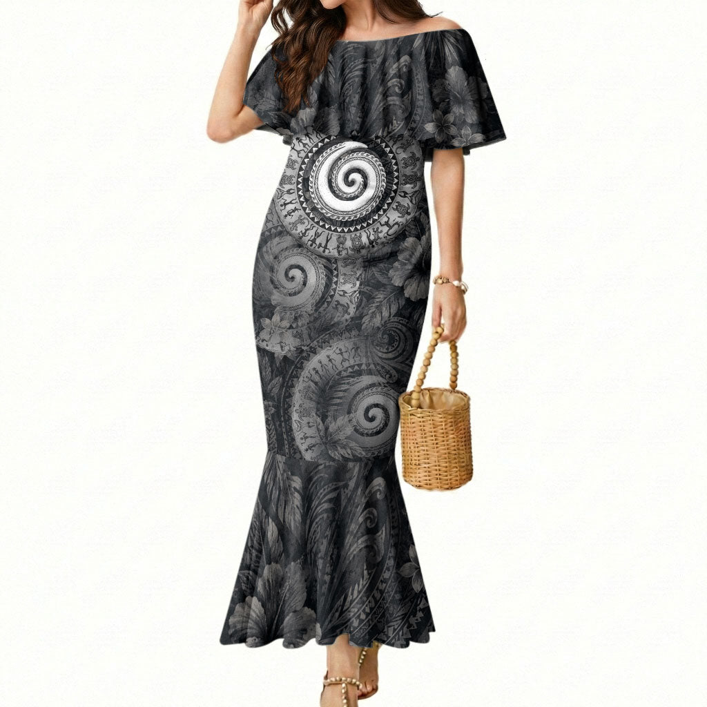 Hawaiian Piko Mermaid Dress Cultural Anchor Connect Your Roots Ocean Waves TS04 Women Black Grey - Polynesian Pride