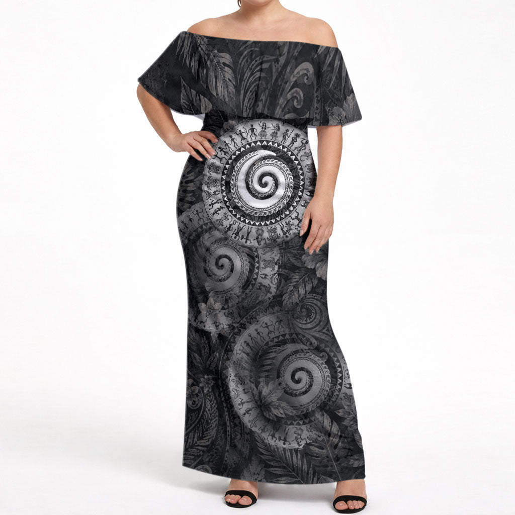 Hawaiian Piko Off Shoulder Maxi Dress Cultural Anchor Connect Your Roots Ocean Waves TS04 Women Black Grey - Polynesian Pride