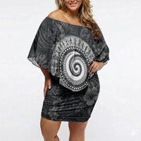 Hawaiian Piko Off Shoulder Short Dress Cultural Anchor Connect Your Roots Ocean Waves TS04 Women Black Grey - Polynesian Pride