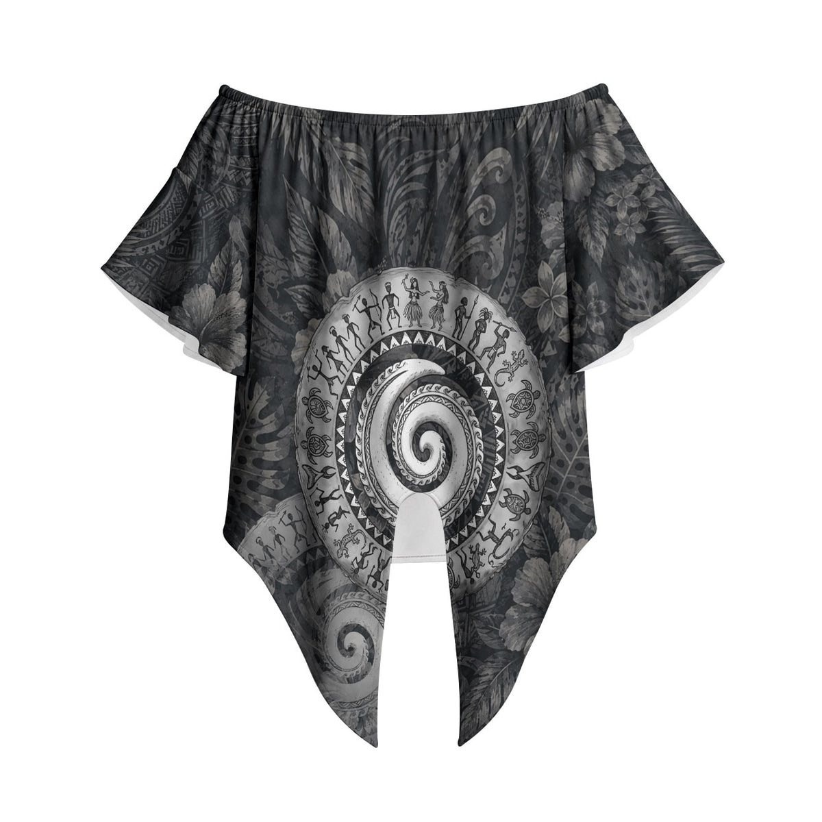 Hawaiian Piko Off Shoulder Wrap Waist Top Cultural Anchor Connect Your Roots Ocean Waves TS04 Black Grey - Polynesian Pride