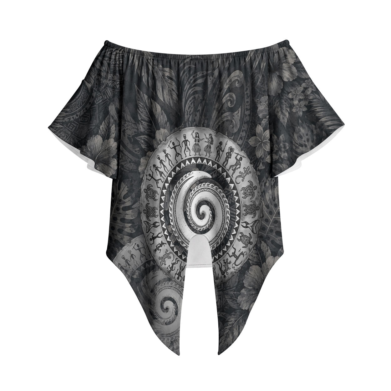Hawaiian Piko Off Shoulder Wrap Waist Top Cultural Anchor Connect Your Roots Ocean Waves TS04 Black Grey - Polynesian Pride