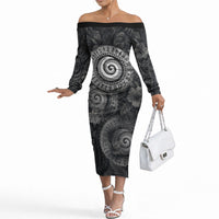 Hawaiian Piko Off The Shoulder Long Sleeve Dress Cultural Anchor Connect Your Roots Ocean Waves TS04 Women Black Grey - Polynesian Pride