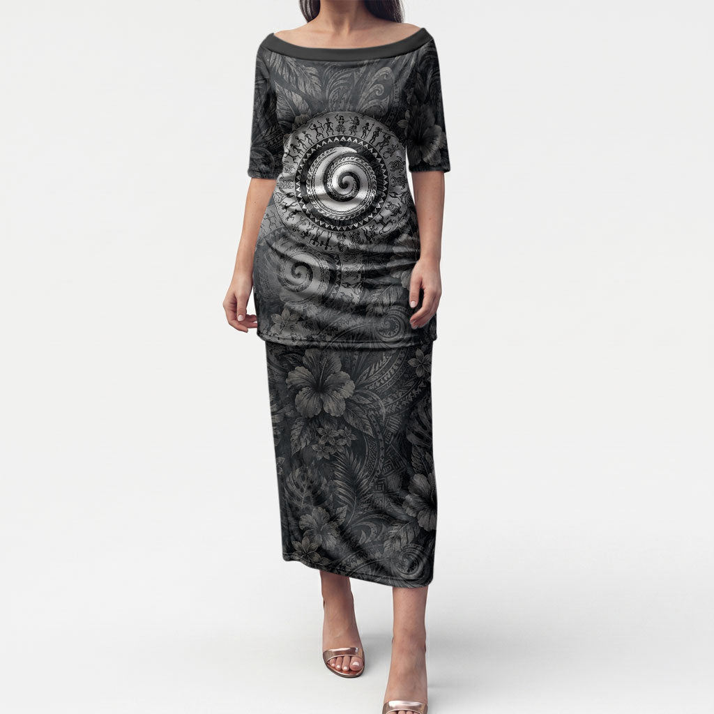 Hawaiian Piko Puletasi Cultural Anchor Connect Your Roots Ocean Waves TS04 Long Dress Black Grey - Polynesian Pride