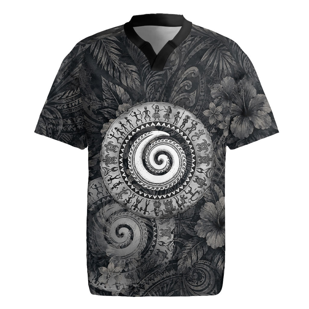 Hawaiian Piko Rugby Jersey Cultural Anchor Connect Your Roots Ocean Waves TS04 Black Grey - Polynesian Pride