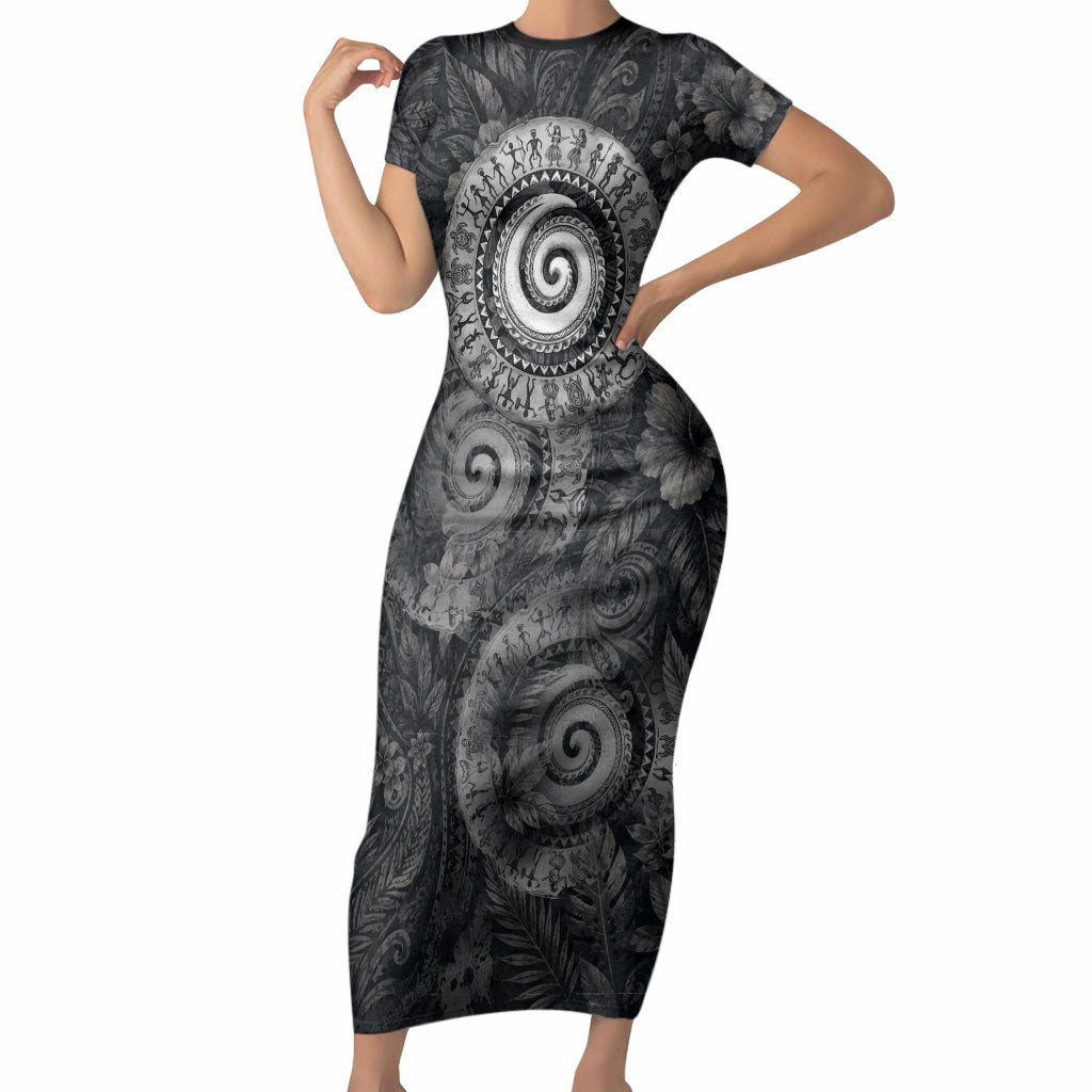 Hawaiian Piko Short Sleeve Bodycon Dress Cultural Anchor Connect Your Roots Ocean Waves TS04 Long Dress Black Grey - Polynesian Pride
