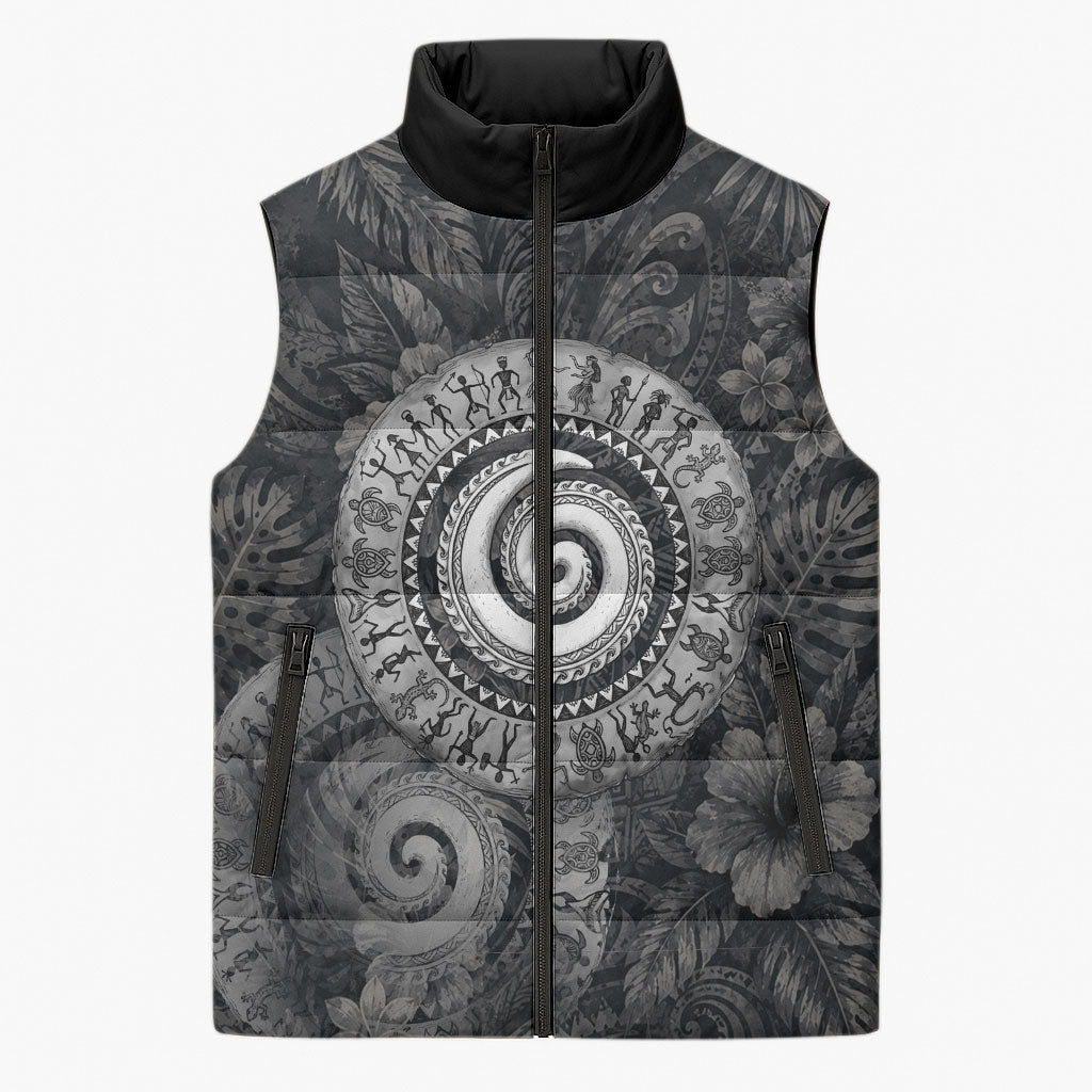 Hawaiian Piko Sleeveless Puffer Jacket Cultural Anchor Connect Your Roots Ocean Waves TS04 Unisex Black Grey - Polynesian Pride