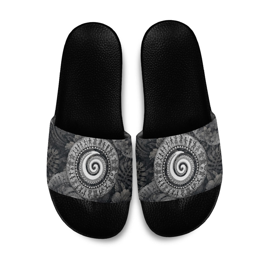 Hawaiian Piko Slide Sandals Cultural Anchor Connect Your Roots Ocean Waves TS04 Black Grey - Polynesian Pride