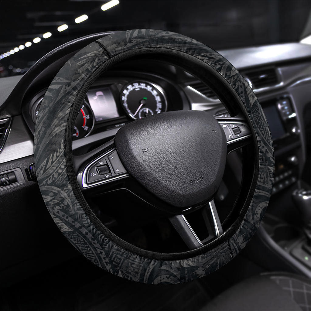 Hawaiian Piko Steering Wheel Cover Cultural Anchor Connect Your Roots Ocean Waves TS04 Universal Fit Black Grey - Polynesian Pride