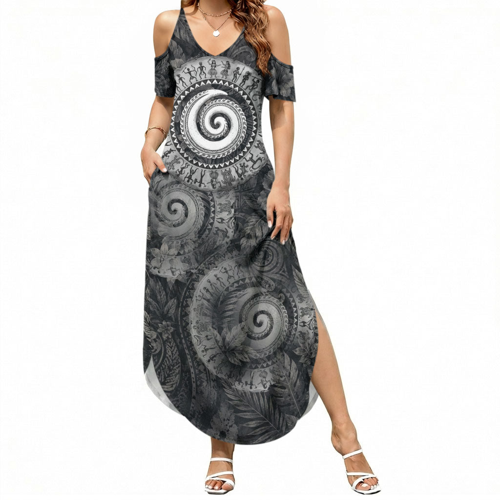 Hawaiian Piko Summer Maxi Dress Cultural Anchor Connect Your Roots Ocean Waves TS04 Women Black Grey - Polynesian Pride