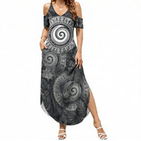 Hawaiian Piko Summer Maxi Dress Cultural Anchor Connect Your Roots Ocean Waves TS04 Women Black Grey - Polynesian Pride