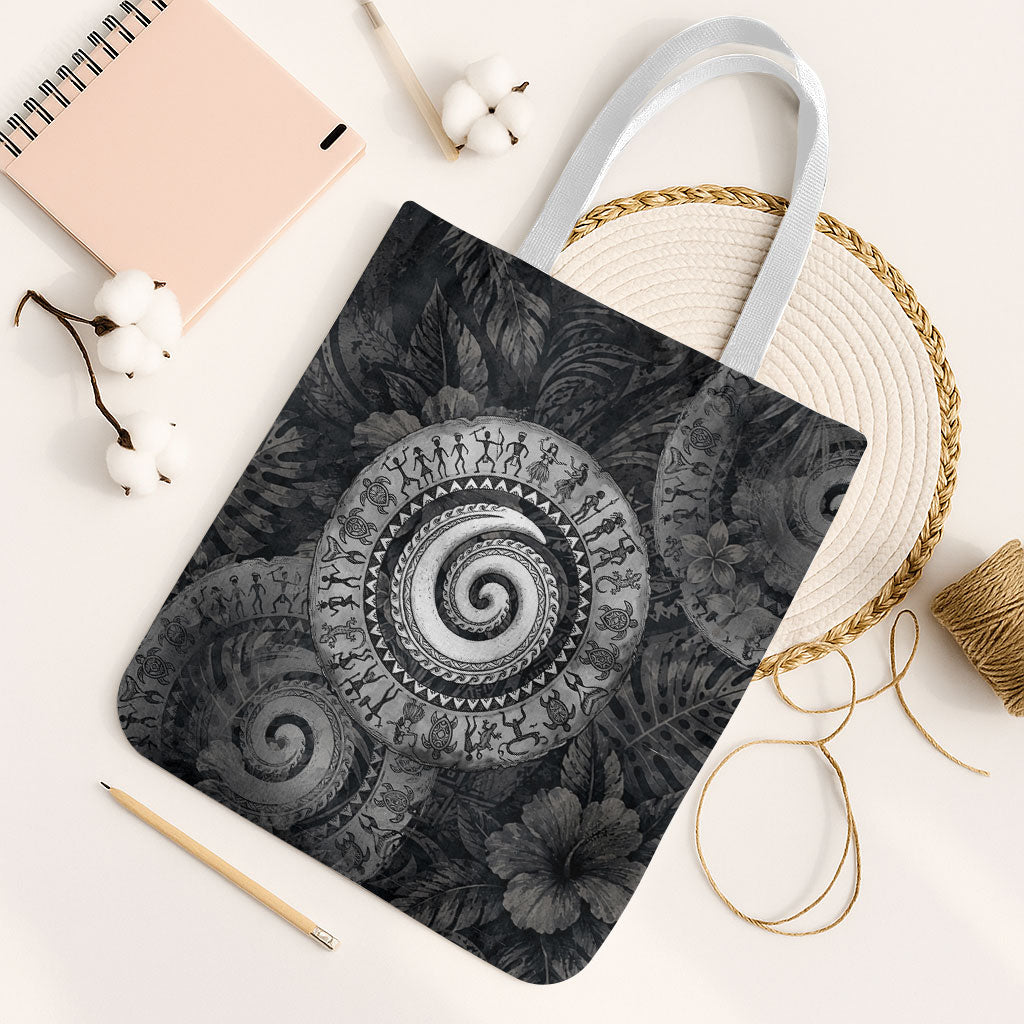 Hawaiian Piko Tote Bag Cultural Anchor Connect Your Roots Ocean Waves TS04 White Strap One Size Black Grey - Polynesian Pride