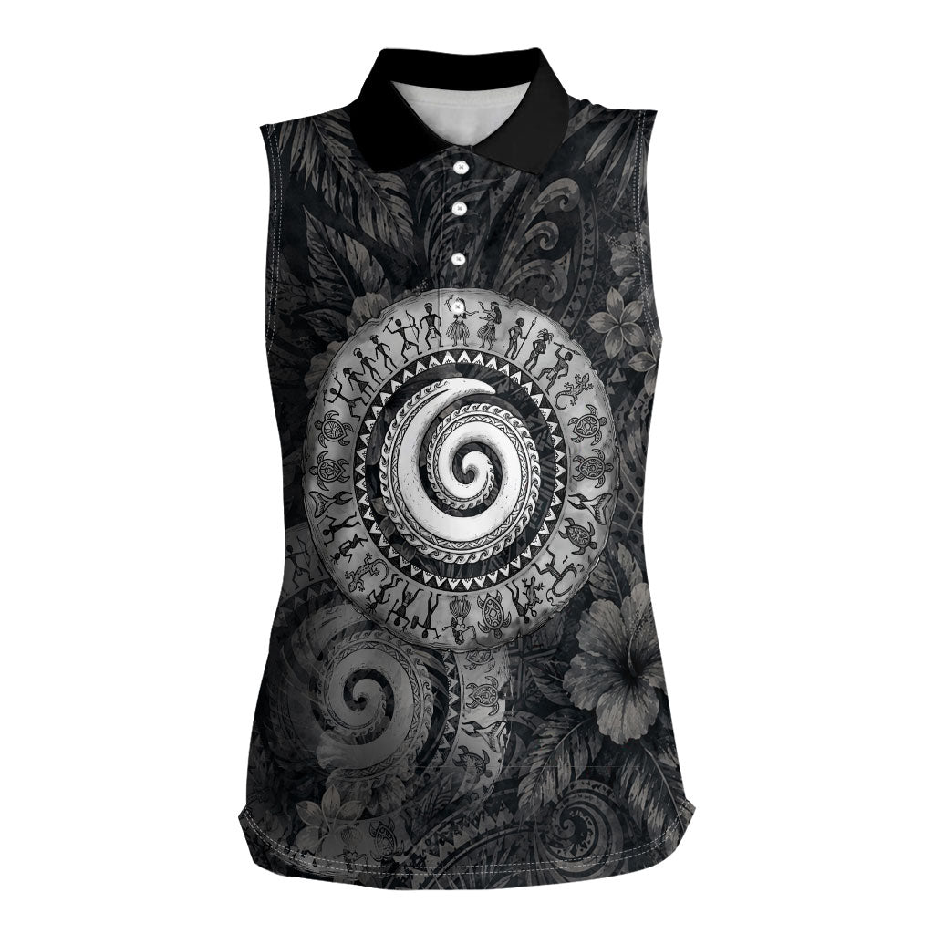 Hawaiian Piko Women Sleeveless Polo Shirt Cultural Anchor Connect Your Roots Ocean Waves TS04 Female Black Grey - Polynesian Pride