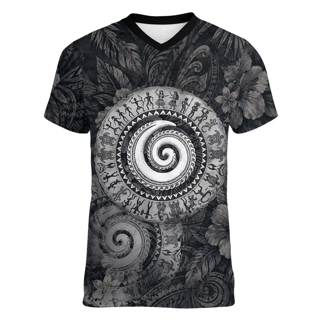 Hawaiian Piko Women V-Neck T-Shirt Cultural Anchor Connect Your Roots Ocean Waves TS04 Female Black Grey - Polynesian Pride
