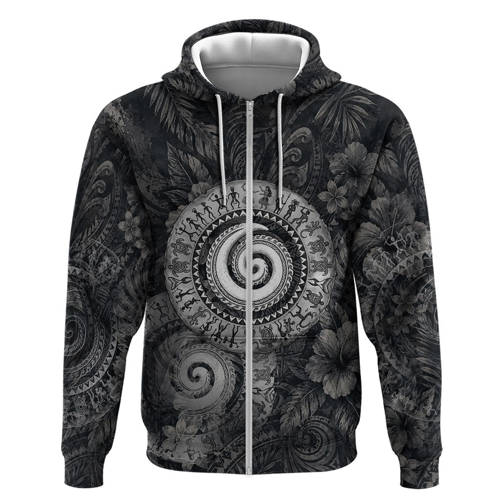 Hawaiian Piko Zip Hoodie Cultural Anchor Connect Your Roots Ocean Waves TS04 Zip Hoodie Black Grey - Polynesian Pride